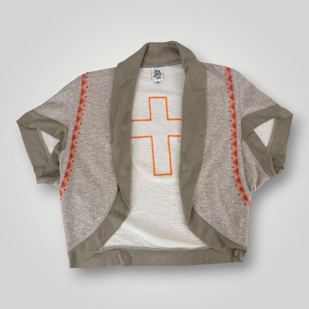Ivy Jane Shrug Sweater Womens M Gray Embroidered Cross Open Knit Boho